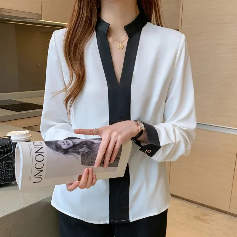 Spring Casual V-neck Women\'s Blouse Autumn Office Lady Long Sleeve Chiffon Shirts Fashion Korean Style Tops New