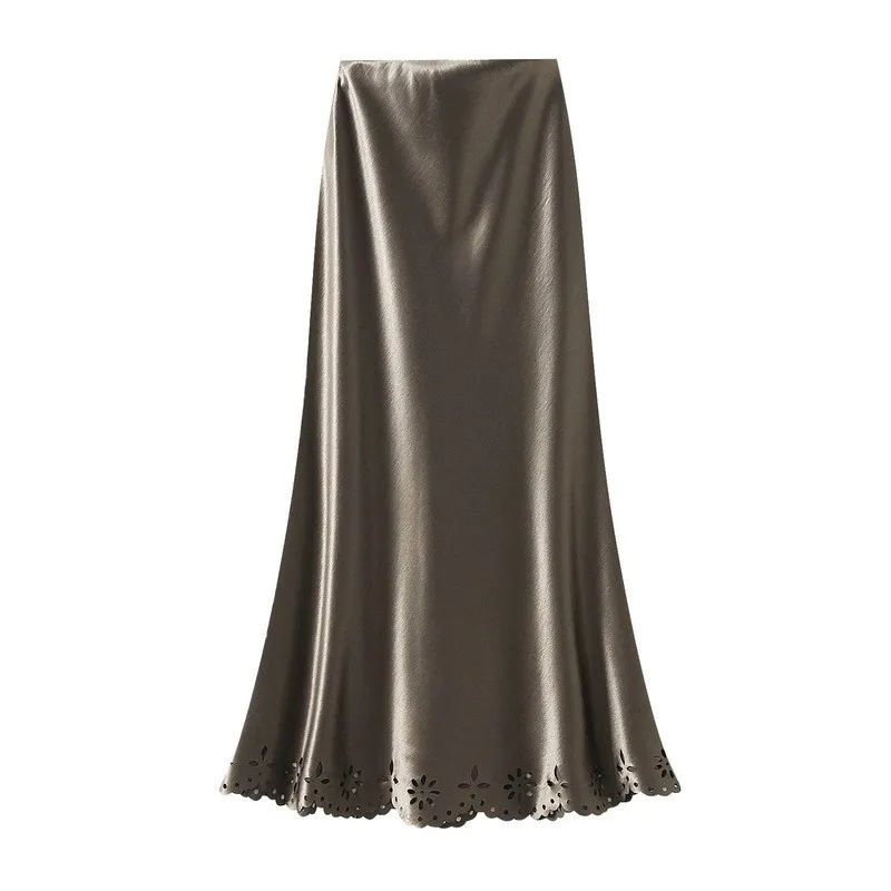 Hollowed-out Hook Pattern Flowing Light Imitation Acetate Satin Fishtail A-line Skirt For Women