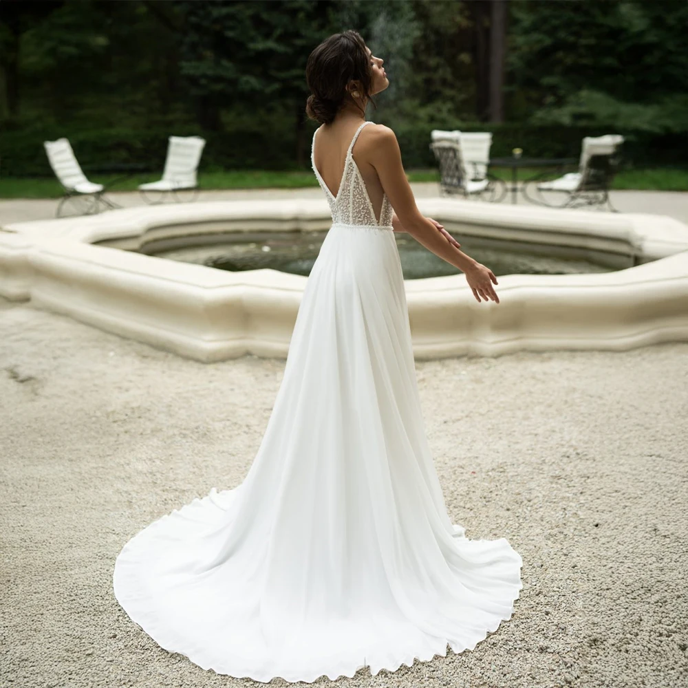 فستان زفاف شيفون بحزام سباغيتي عميق على شكل حرف V من الخلف مع صدرية مطرزة أنيقة على شكل حرف a لحفلات الزفاف بوهو