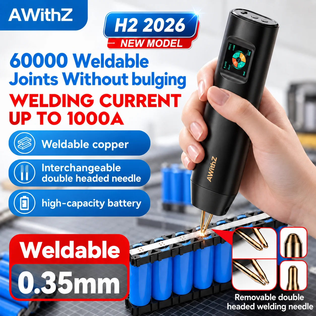 AWithZ H2 2026 New Upgraded Portable Spot Welder 1000A Handheld Battery Welding Machine for 18650 21700 Nickel Strip DIY Pack