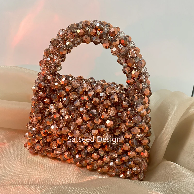 

Two Tone Crystal Beads Women's Handbag Handmade Femal Top-Handle New Fashion Small Ladies Party Purses Gift for Her Customized