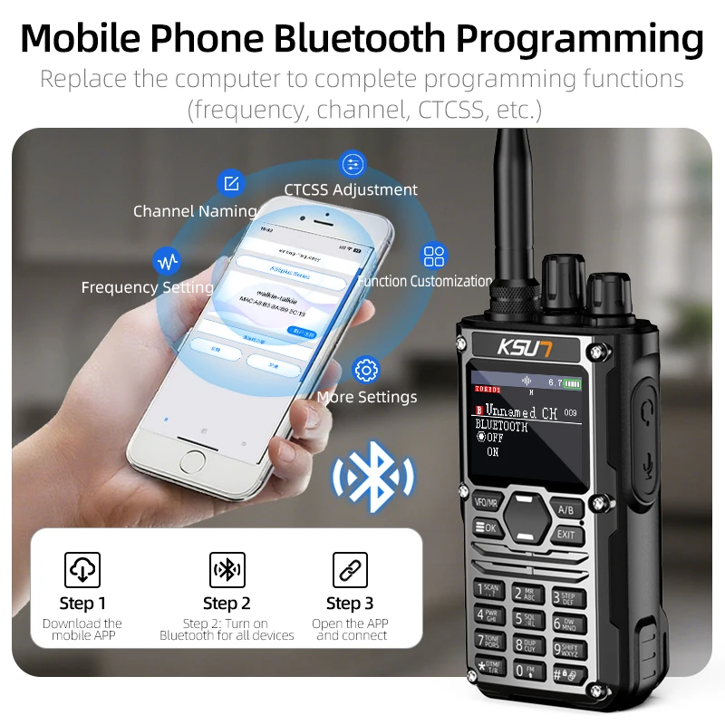 KSUN HF123D 10W 고출력 블루투스 프로그래밍 무전기 UHF VHF 다중 대역 GMRS 무전기 AM FM NOAA CW SSB HF 워키토키