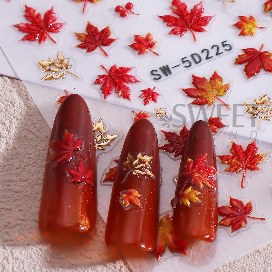 2 Stück 5D geprägte Ahornblatt-Nagelkunst-Aufkleber, herbstrotte Ahornblätter mit goldenen Adern, selbstklebende Nagelsticker, Herbst-Maniküre-Dekoration – Detail 6