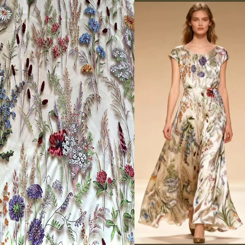 Luxury Real 100% Mulberry Silk Fabric Print Purple Floral Design Women Dress 16mm Crepe Chine Cloth 138cm Wide Sewing Tissus