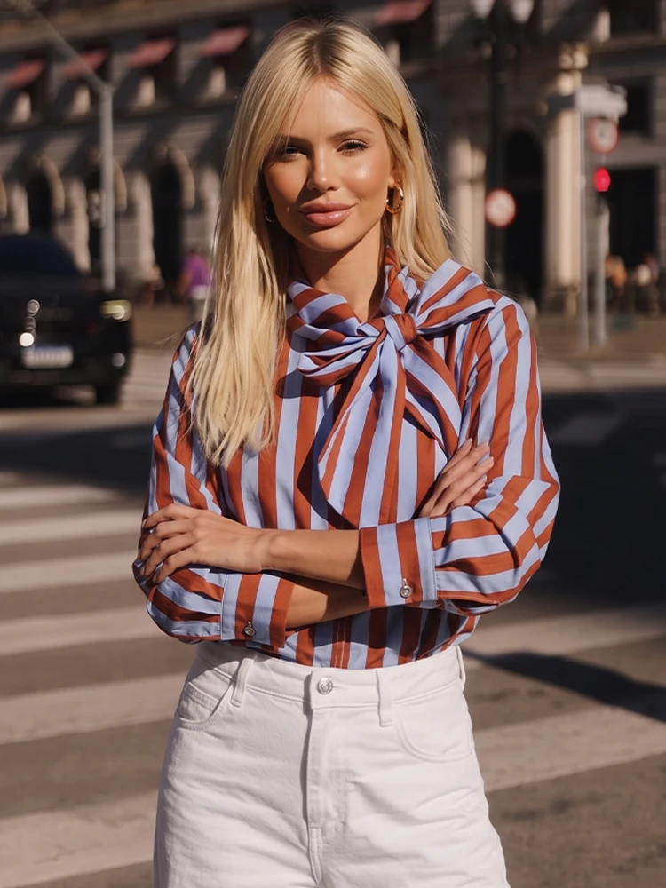 HH Women Casual Holiday Shirt Chic Color Block Scarf Collar Bow Tie Striped Blouse 2026 Autumn Female Fashion Festival Outfits