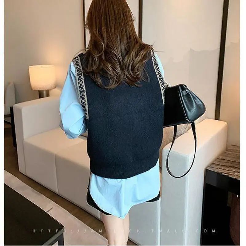 Vintage Print Spring Autumn 2022 Women Korean Style Knitted Sweater Vest Casual O Neck Sleeveless All-match Female Outerwear 3XL