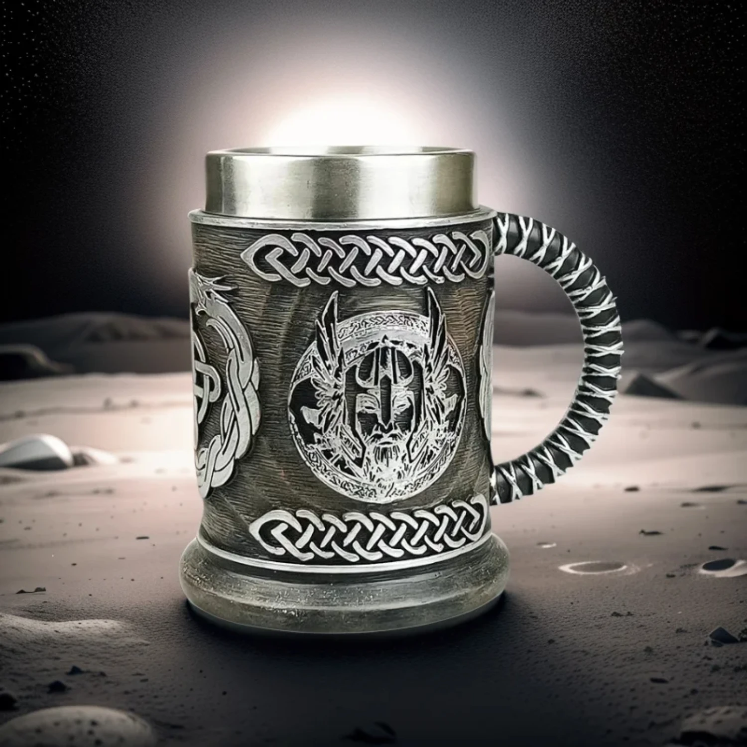 

German Bucket Beer Mug Medieval Nordic Mythology God of War Odin Cup Vintage Stainless Steel Cafe Tea Cup Draft Beer Mug