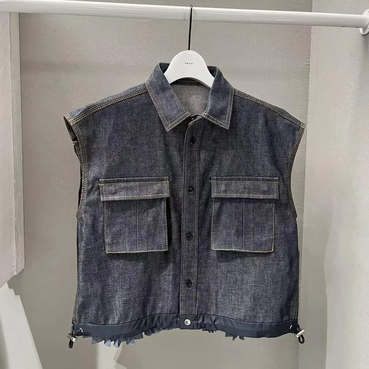 

Street Sle Loose Women's Denim Vest Ba Pleated Svel Top Spring Summer New Arrival FOG SACAI Pure Color Collar