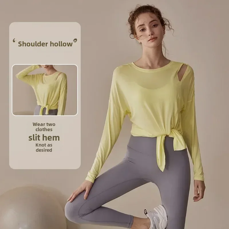 Women's Yoga Suit Spring Autumn New Loose-fit Training Pilates Fitness Top Long Sleeve Side Slit Tightening Sport Cover Ups