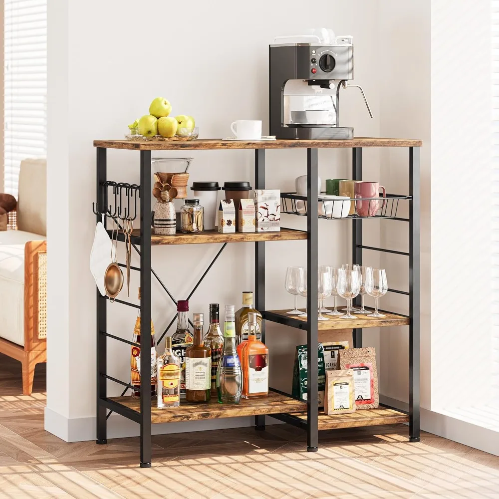 جزيرة المطبخ الصناعية العتيقة مع أرفف تخزين وحامل ميكروويف و6 خطافات - سهلة التجميع، إطار معدني متين #4