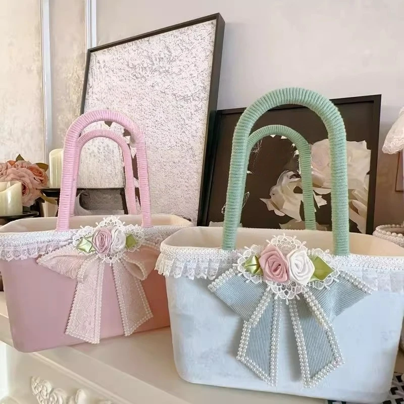 

Korean new lace pink hand basket romantic household cosmetics sundries storage and finishing picnic basket