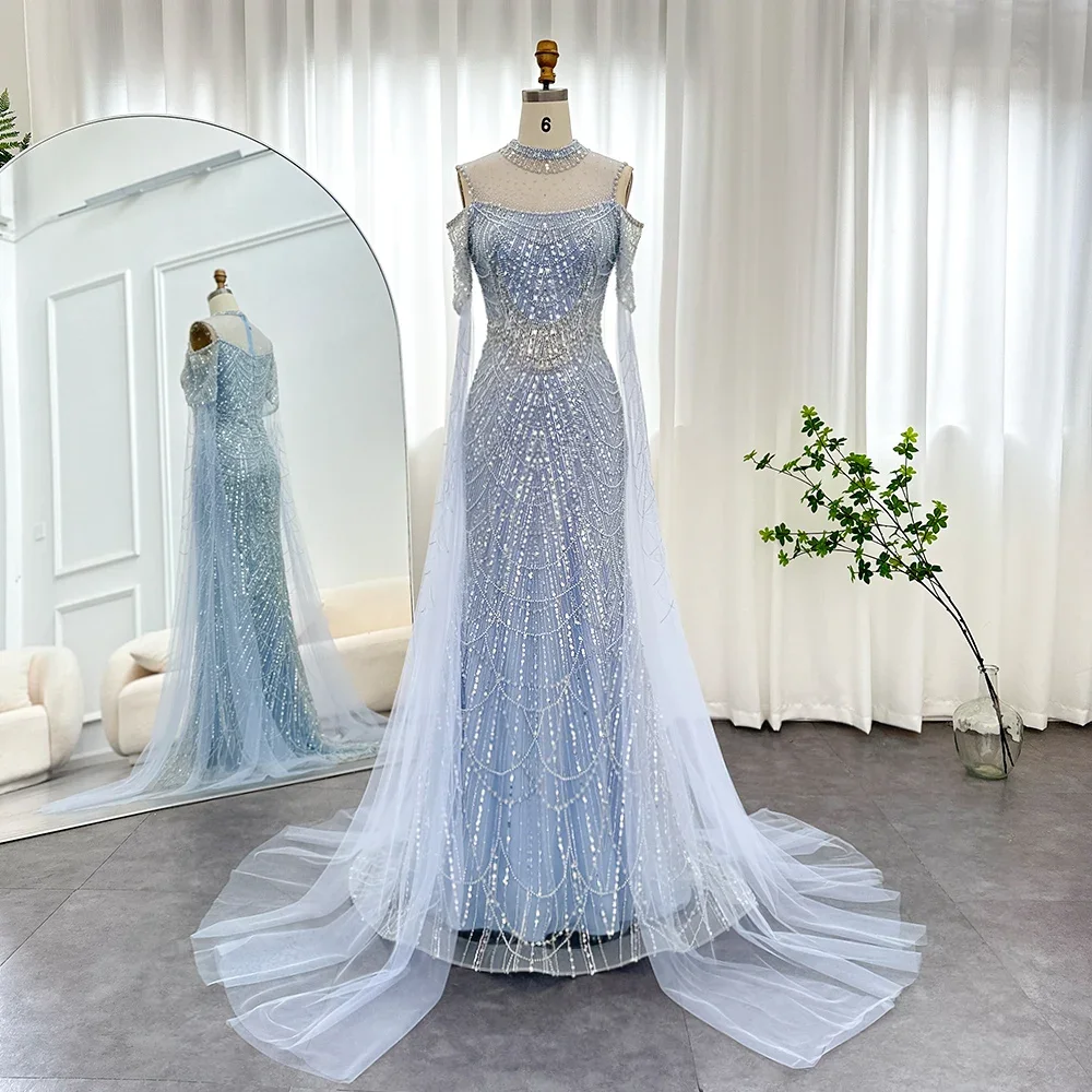 

Sharon Said Mermaid Sage Green Luxury Dubai Evening Dress Cape Sleeves Women Purple Wedding Formal Party Gown SS205 Customized