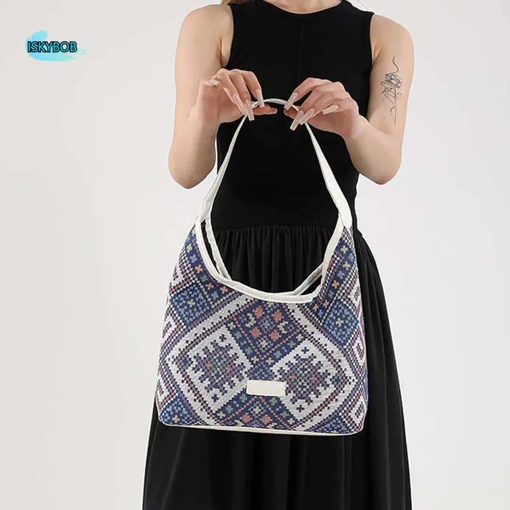 

PU Ethnic Style Shoulder Bag Retro Chinese Style Canvas Tote Bag Storage Pouch Large Capacity Embroidery Handbag Shopping