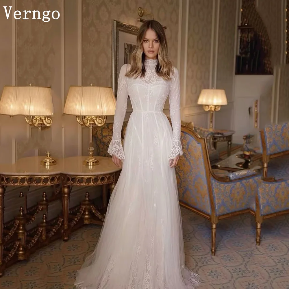 Verngo Luxury Lace Evening Dress High Neck Full Sleeves Prom Gowns Mermaid Modest Arabia Party Dresses Customized