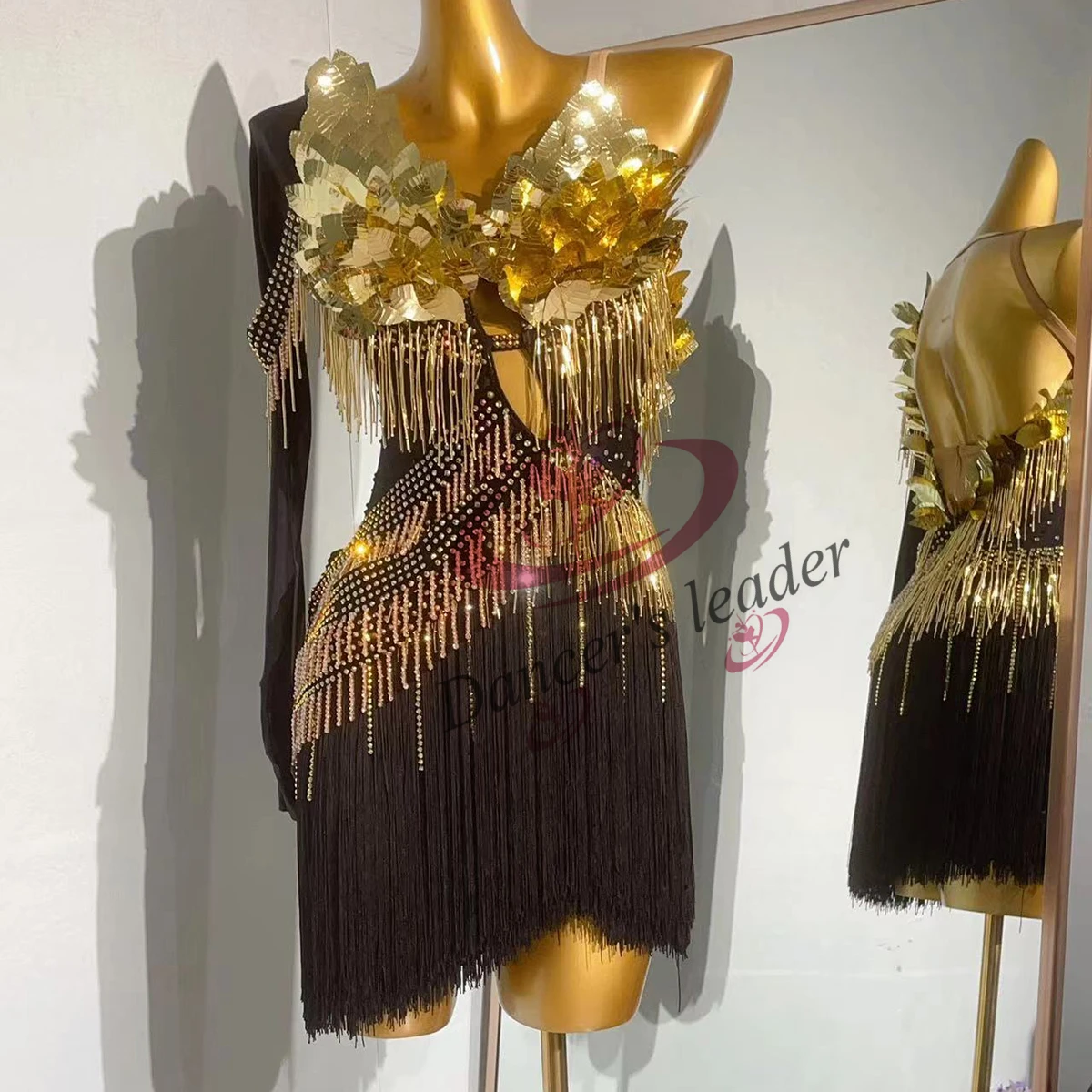 Latin Dance Dress High-end Custom Gold Piece Feather Full Tassel Glitter Cha Cha Cha Tango Women Stage Professional Clothing