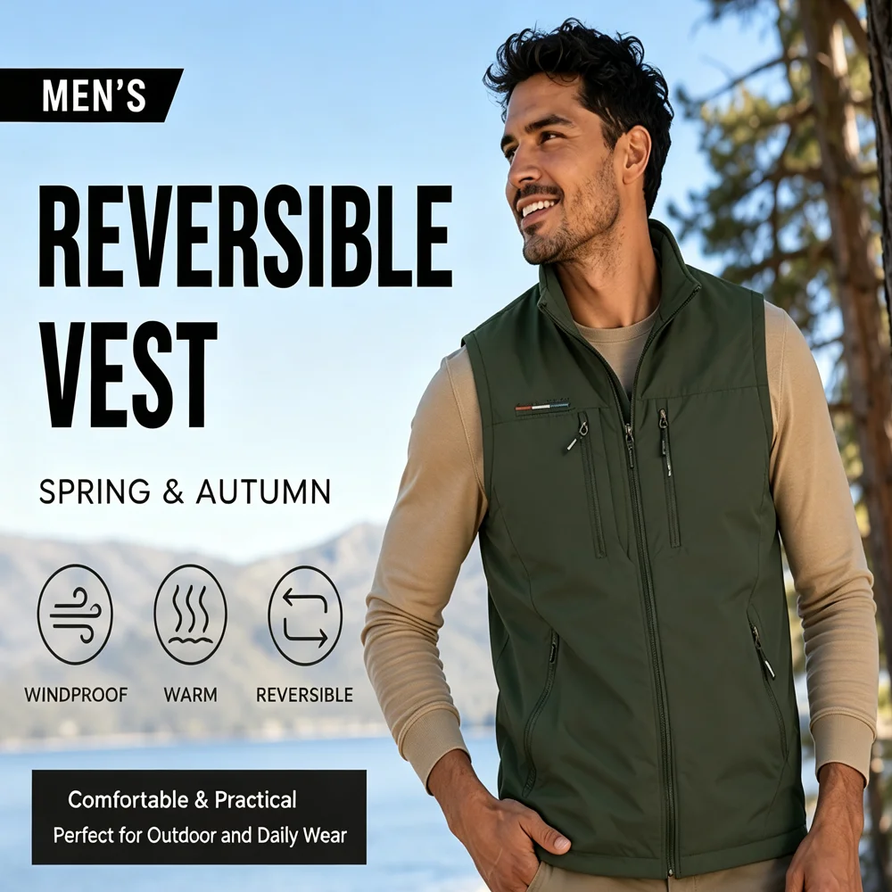 Autumn Men Double Sided Wear Warm Vest Fashion Men Stand Collar Windbreaker Thermal Waistcoats Men Waterproof Fishing Gilet