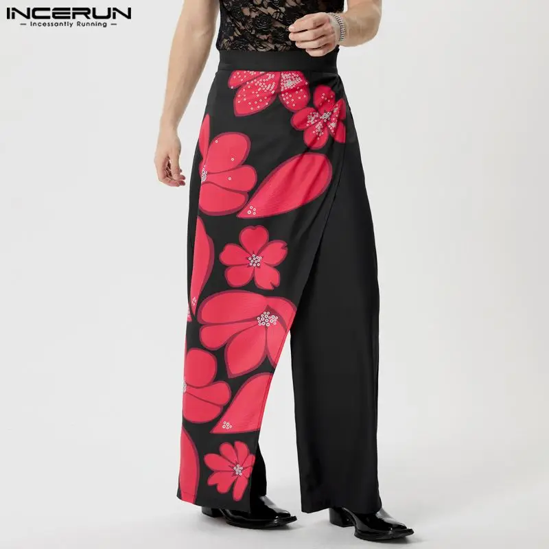 INCERUN Men Irregular Pants Flower Printing Zipper Loose Casual Trousers Men Streetwear 2024 Personality Fashion Male Long Pants