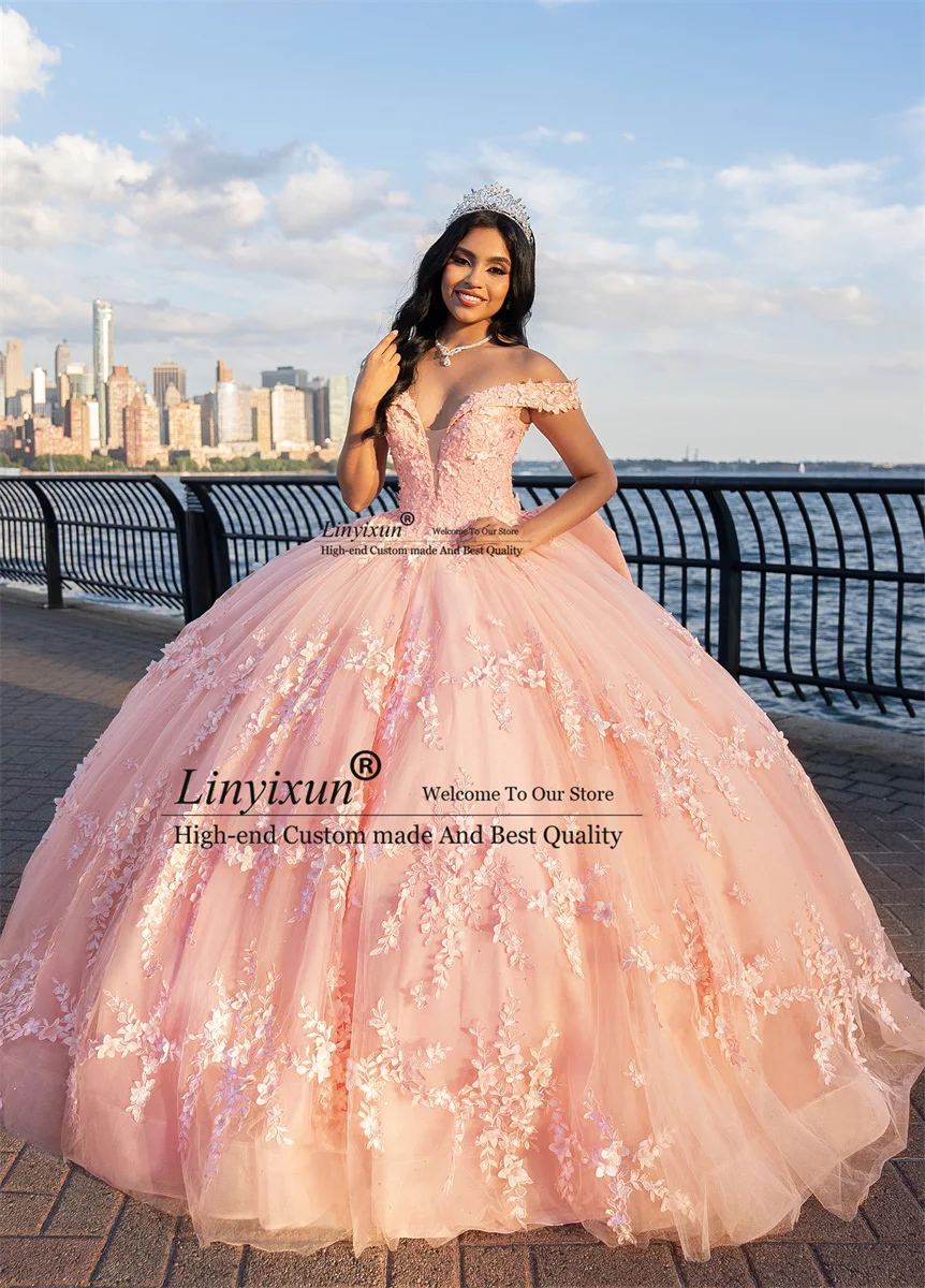 Mexican Pink Ball Gown Quinceanera Dresses 2024 3D Flower Applique Off Shoulder Big Bow Sweet 15 16 Dress Birthday Party Wear