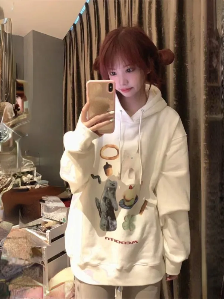 Harajuku Kawaii Hoodie Women Gothic Autumn Winter Cartoon Print Pullovers Long Sleeve Girls Cute Sweatshirt Oversized Streetwear