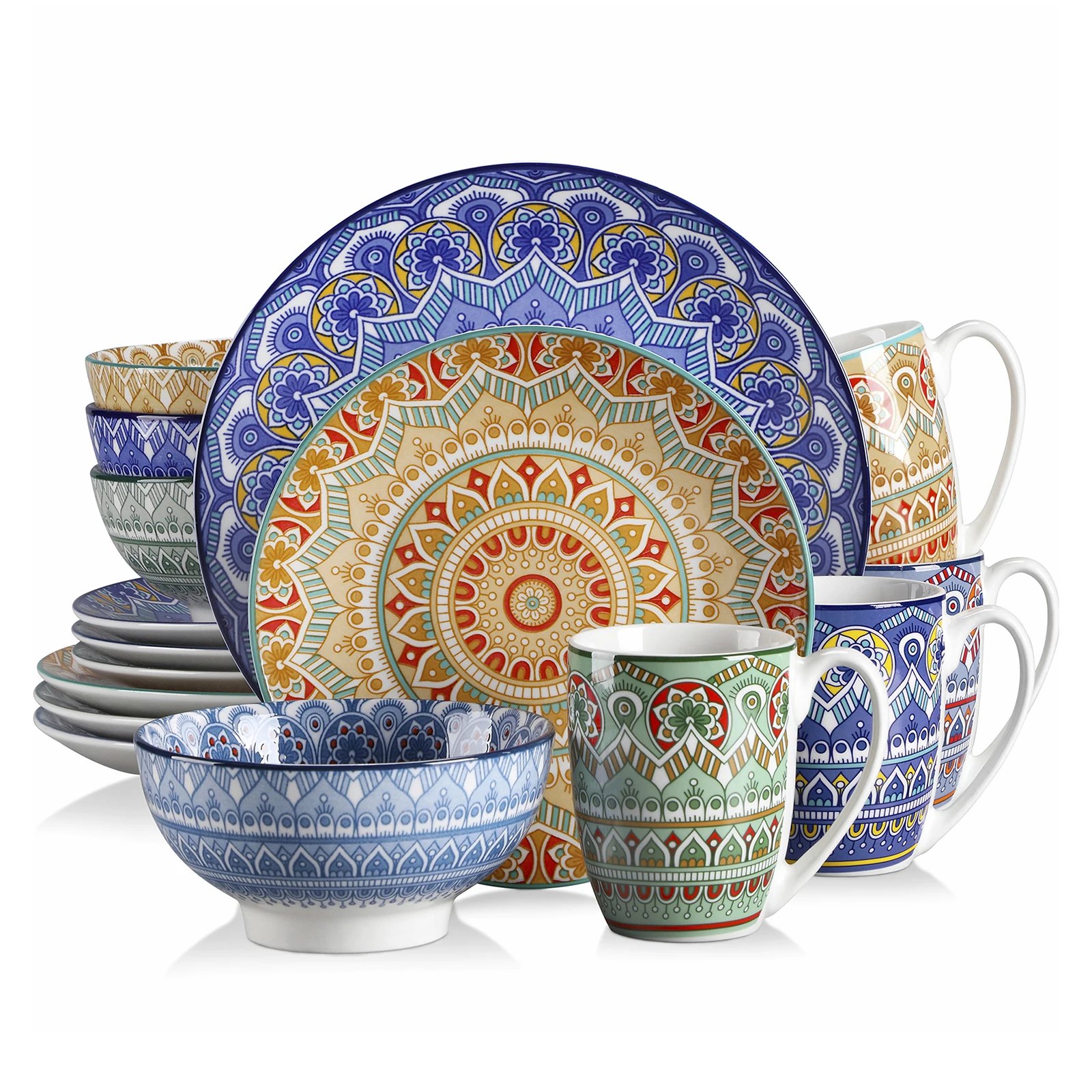 VANCASSO 16/32/48-Piece Bohemian Mandala Patterned Turquoise Porcelain Tableware Set with Dinner Plate,Dessert Plate,Bowl,Mug