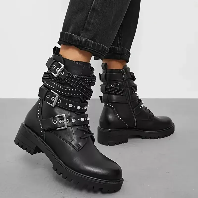 

Designer Boots for Women Fashionable Belt Buckle Casual Women's Short Boots Retro Round Toe Leather Ankle Boots Botas Para Mujer