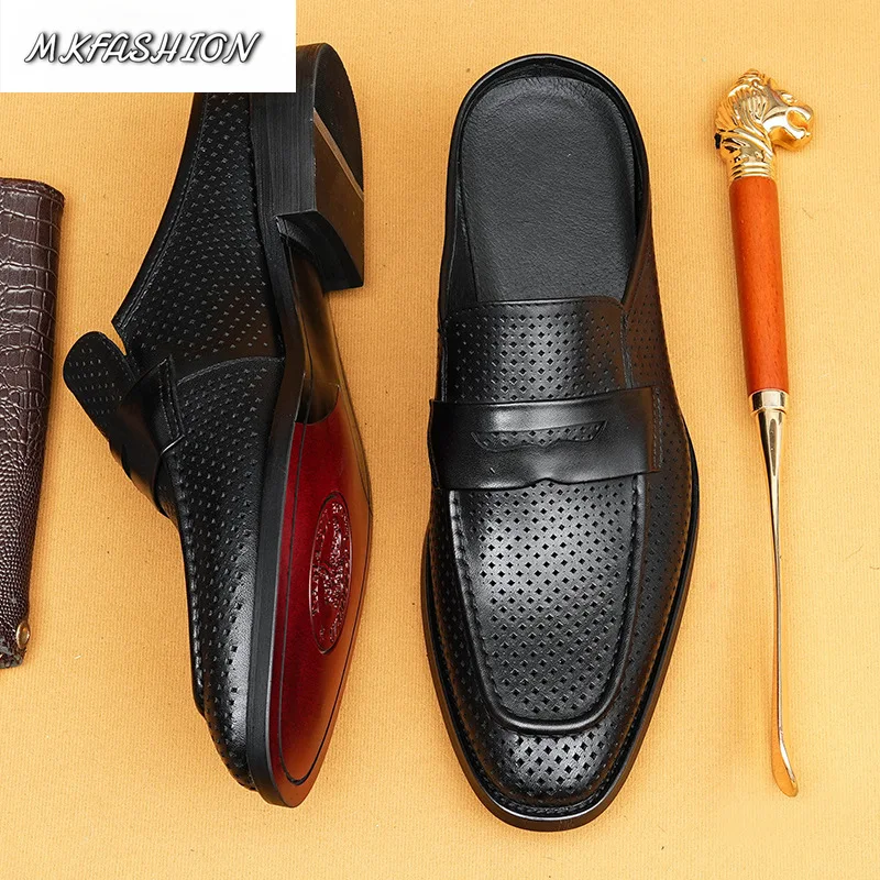 Summer Men Genuine Leather Hollow Breathable Half Slippers Slip On Flats Slides Casual Shoes Male Footwear