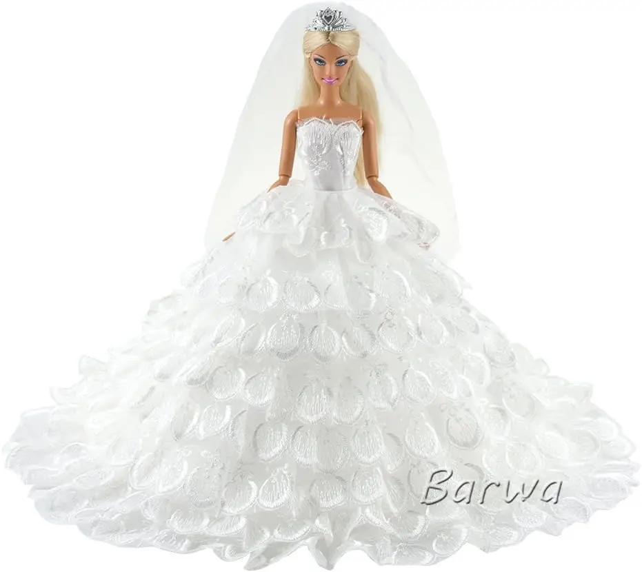 BARWA Wedding Dress Princess Evening Party White Dress Gown with Veil for 11.5 inch Dolls