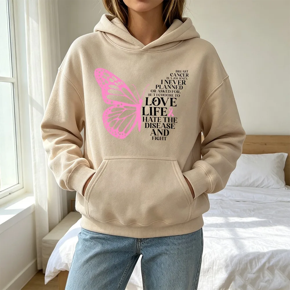 Breast Cancer Awareness Pink Ribbon Butterfly Hoodie Long Sleeve Sweatshirt Fighter Support Pullover Cozy Fashion Casual Styles