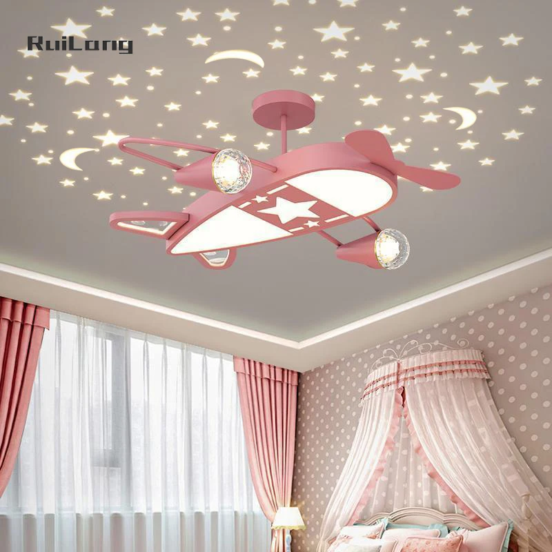 Starry Night LED Airplane Chandeliers For Kids Room Boy Bedroom Ceiling Light Cartoon Blue Pink Aircraft Children Ceiling Lamp