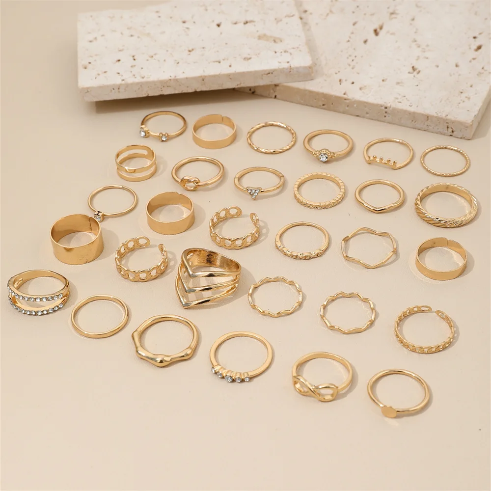 30Pcs/Set Wave Pattern Infinite Metal Layering Geometric V-Shaped Ring With Rhinestone Inlaid Suitable For Women's Daily Wear image 5