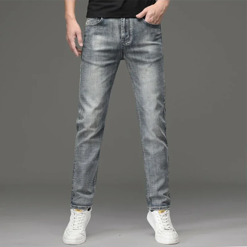 Pantalones vaqueros de algodón elásticos Vintage para hombre, pantalones vaqueros de lavado informales a la moda, rectos y ajustados, pantalones masculinos de alta calidad
