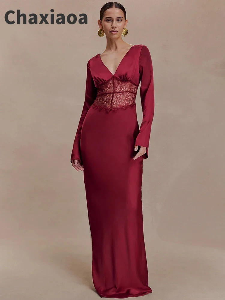 Chaxiaoa Abito lungo sexy a maniche lunghe con scollo a V Abito da donna Elegante abito da festa in pizzo trasparente patchwork a vita alta aderente con spacco