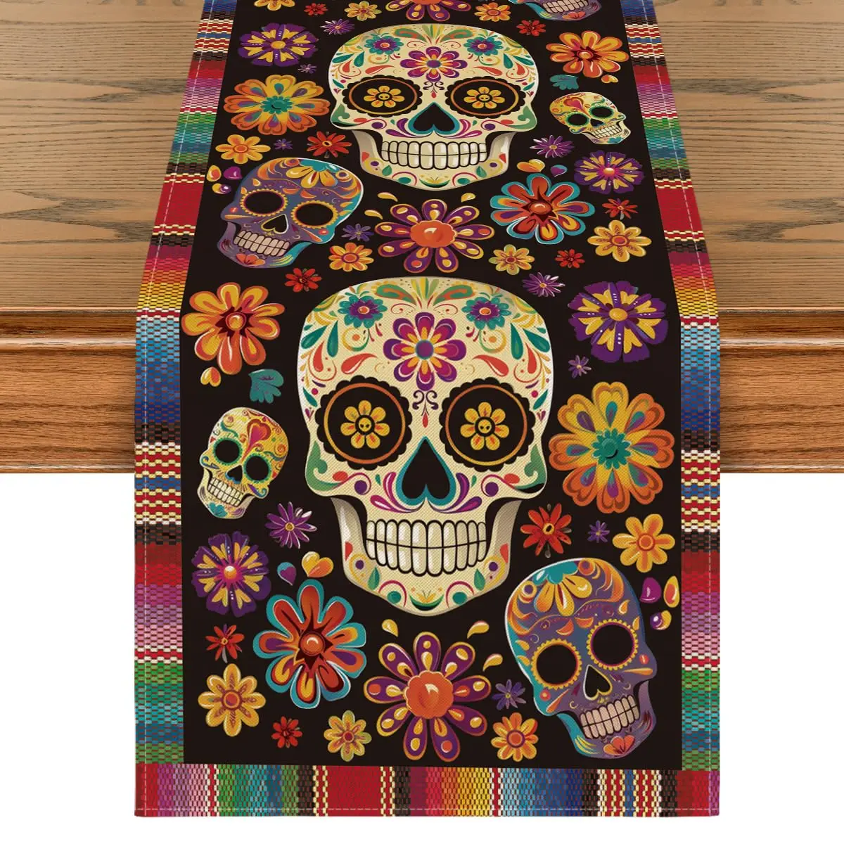 

Flowers Sugar Skull Mexican Day of The Dead Table Runner,Dia De Los Muertos Kitchen Dining Table Decoration for Home Party Decor
