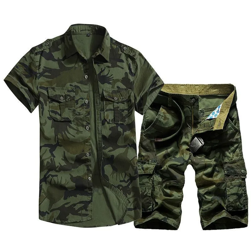 Student Military Trainning Exercise Sets Cotton Summer Shirts Camouflage Multi Pocket Shorts Trendy Youth Tracksuits Men Clothes