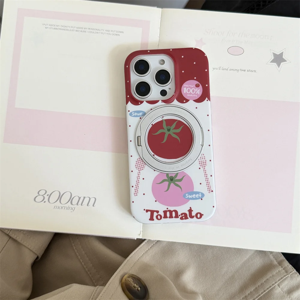 Korea Ins Cute Tomato Print Phone Case With Magnetic Ring Stand Wine Red Frame Shockproof Cover For iPhone 18 17 16 15 Pro Max
