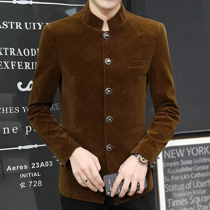 HOO 2024 Men New Style Gloss Twill Gold Velvet BLAZER Youth Stand Collar Single Breasted BLAZER