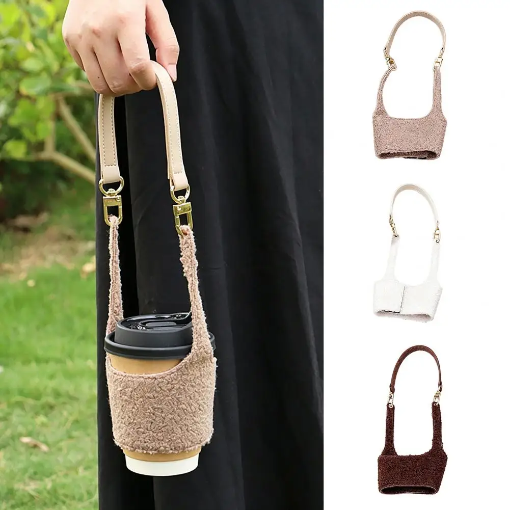 Portable Cup Holder for Travel Plush Coffee Cup Sleeve with Hand Strap Soft Insulated Cup Holder for Autumn Winter Portable