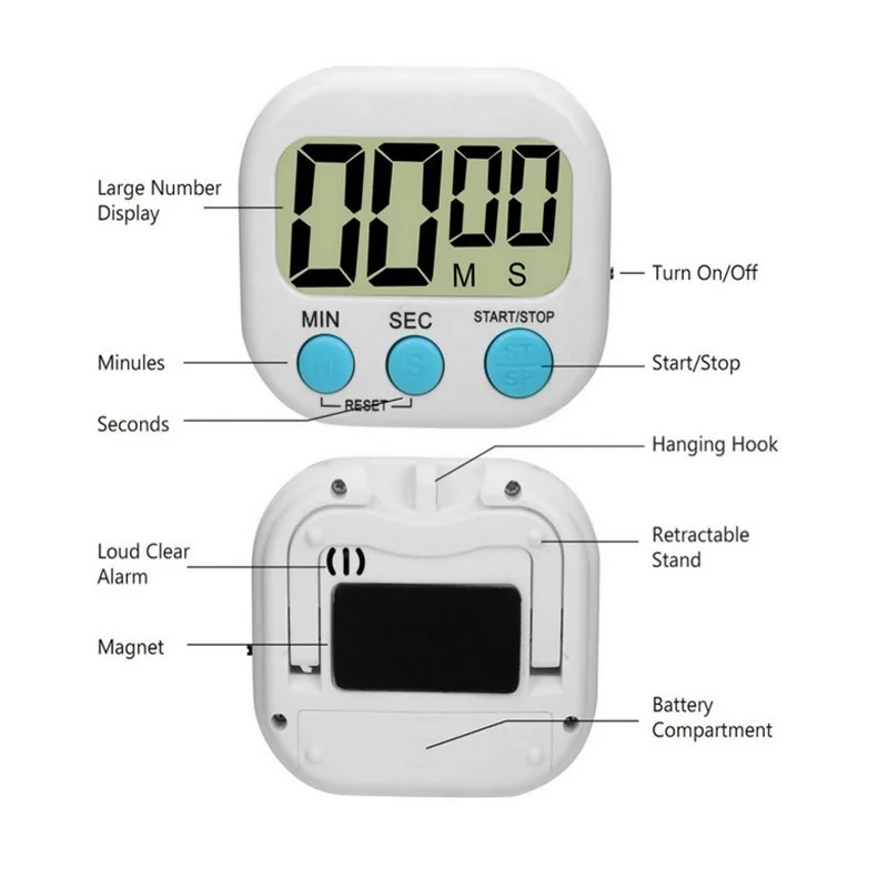 Magnetic LCD Digital Kitchen Countdown Timer Alarm with Stand White Kitchen Timer Practical Cooking Timer Alarm Clock