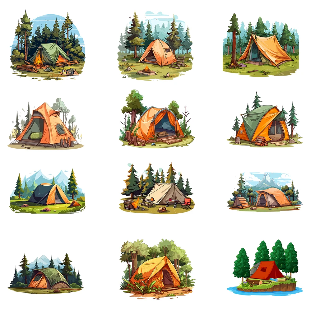 12 Pieces Camping Tent Pattern Heat Transfer Iron-On Transfer Stickers DIY Heat Embossed Decals Apparel Heat Transfer Patches