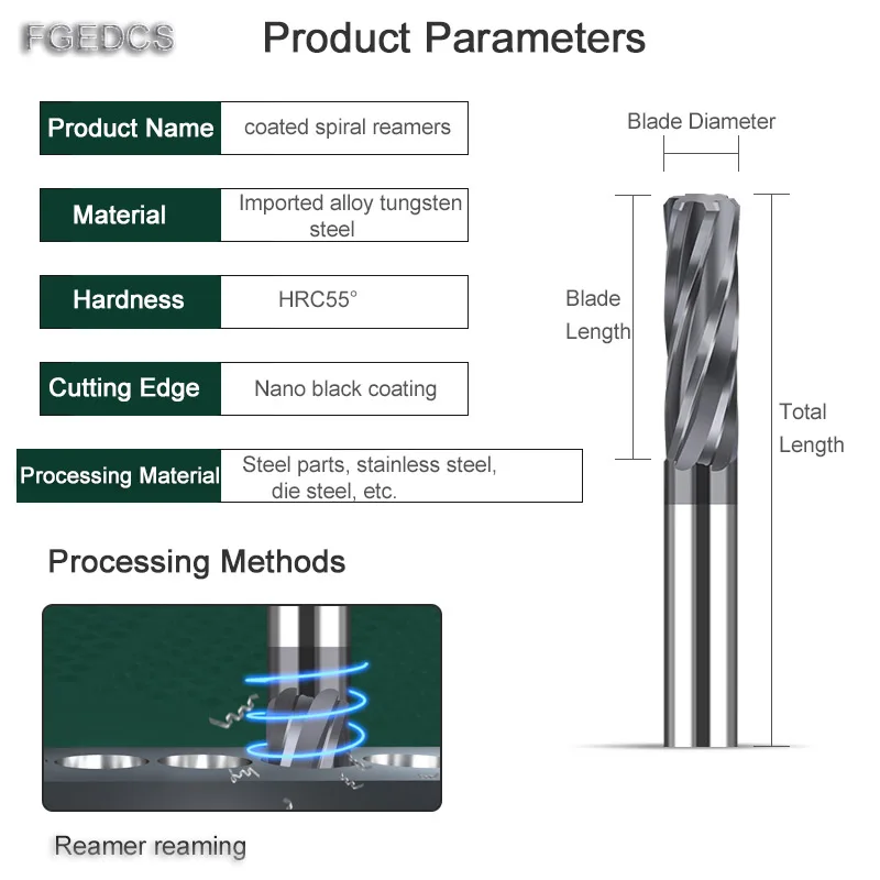 Carbide Machine Reamer Spiral Flute Coated CNC Cutting Tools H7 Tolerance Precision Chucking Steel Metal 4 Flute 6 Flutes 1-20MM