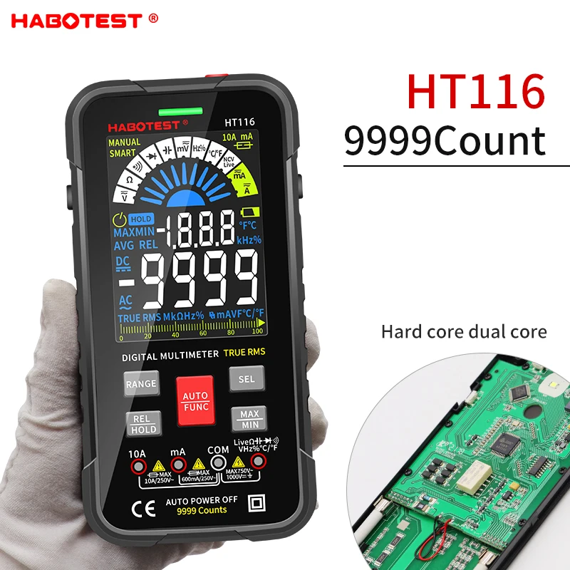 HT116 Digital Multimeter 9999 Counts Auto Range AC/DC 1000V 10A Tester Meter Ohm Hz Capacitance True RMS Smart Multitester