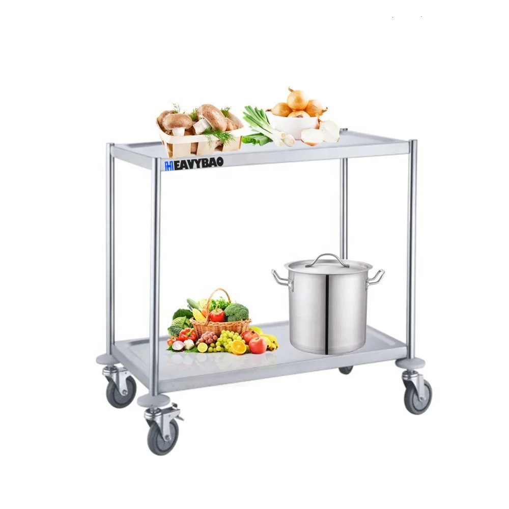 Heavybao 2-Tiers Stainless Steel Serving Trolley Without Handles Kitchen Work Table Cart Hot Food Trolley Food Serving Trolley