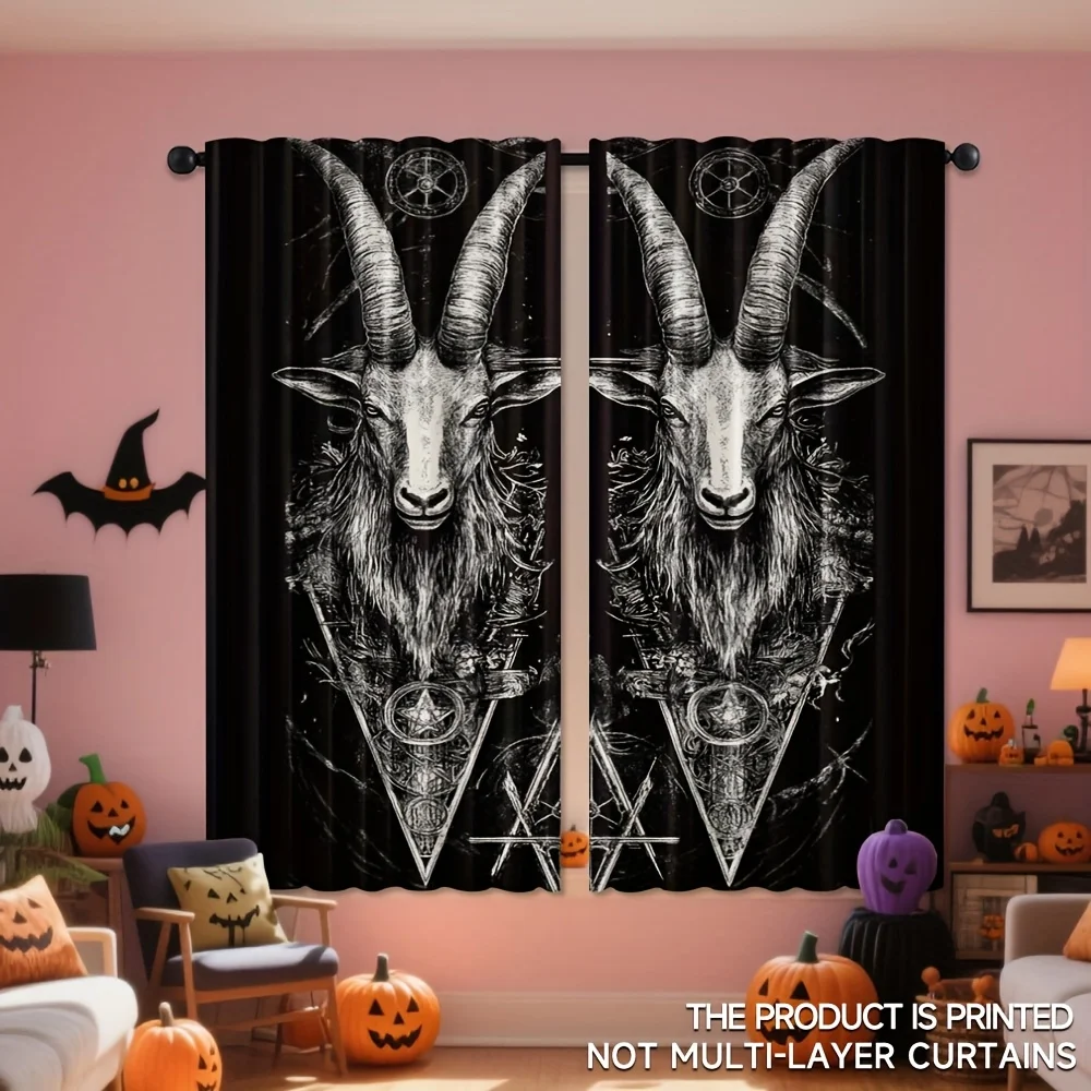 Gothic Goat Head and Dark Art Symbol Pattern Rod Pocket Window Curtains Decorative Home Decor for Living Room and Bedroom