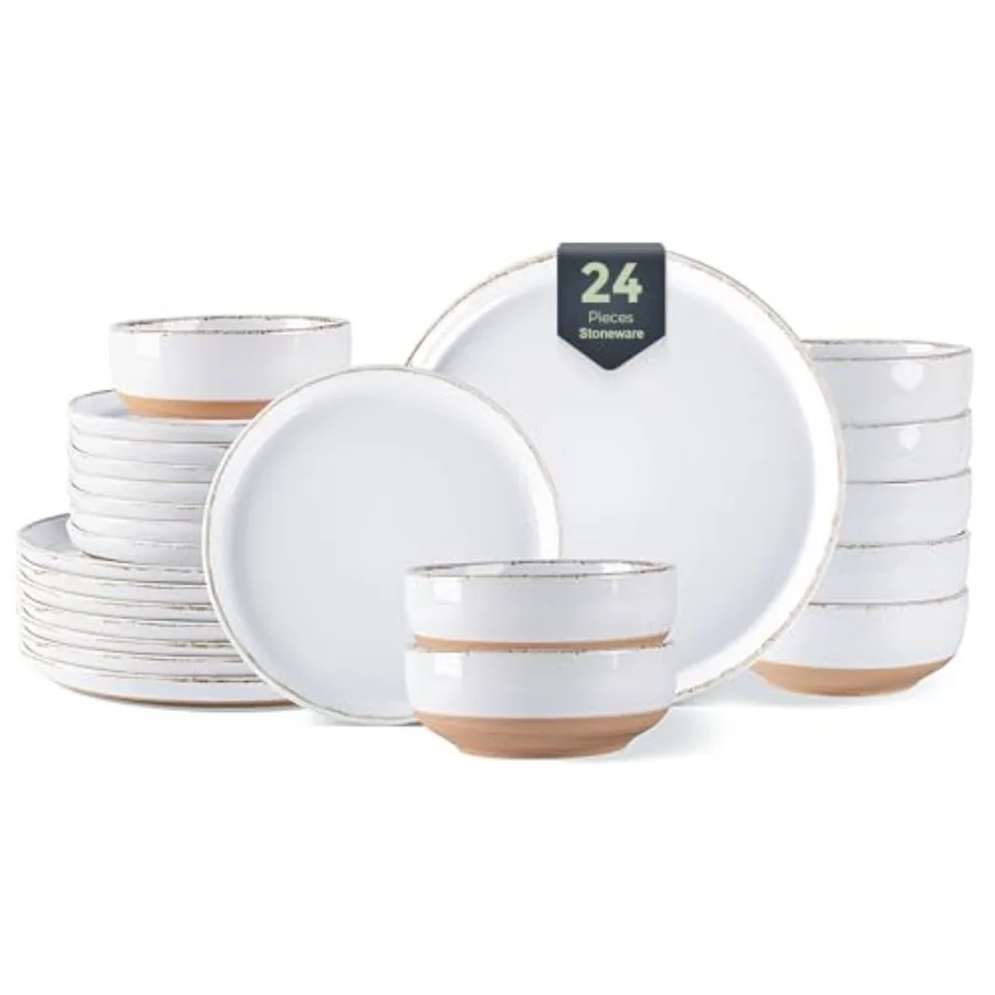 

Набор керамической посуды из 24 предметов на 8 персон: тарелки и миски из каменной керамики с ручной росписью, с рустикальной терракотовой подложкой, устойчивой к царапинам