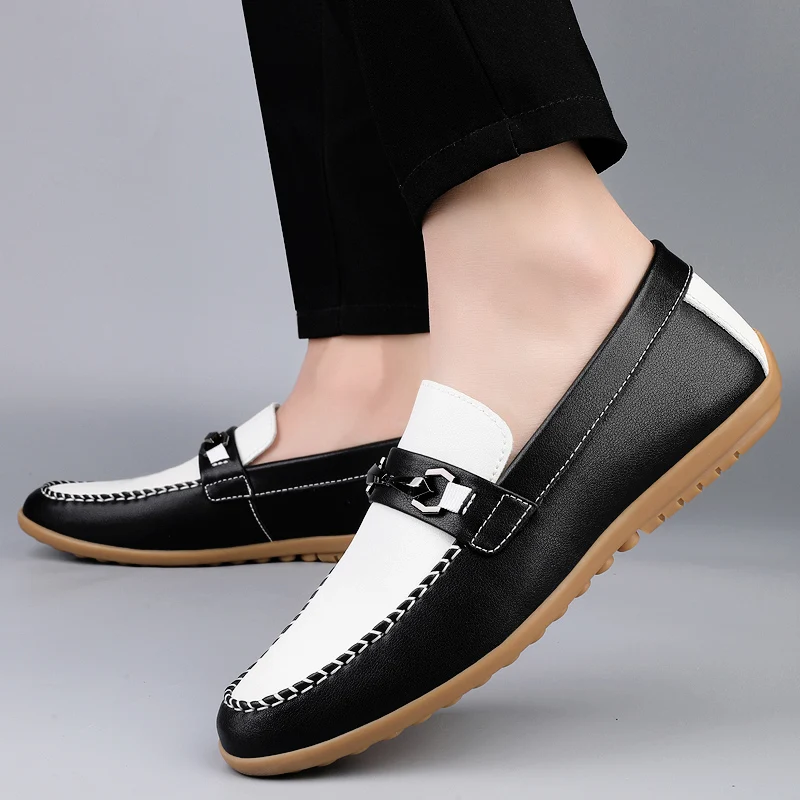 Fashionable Loafers Brand Urban Business Elegant Leather Shoes Color Blocking Design Men Casual Handmade Anti Slip Driving Shoes