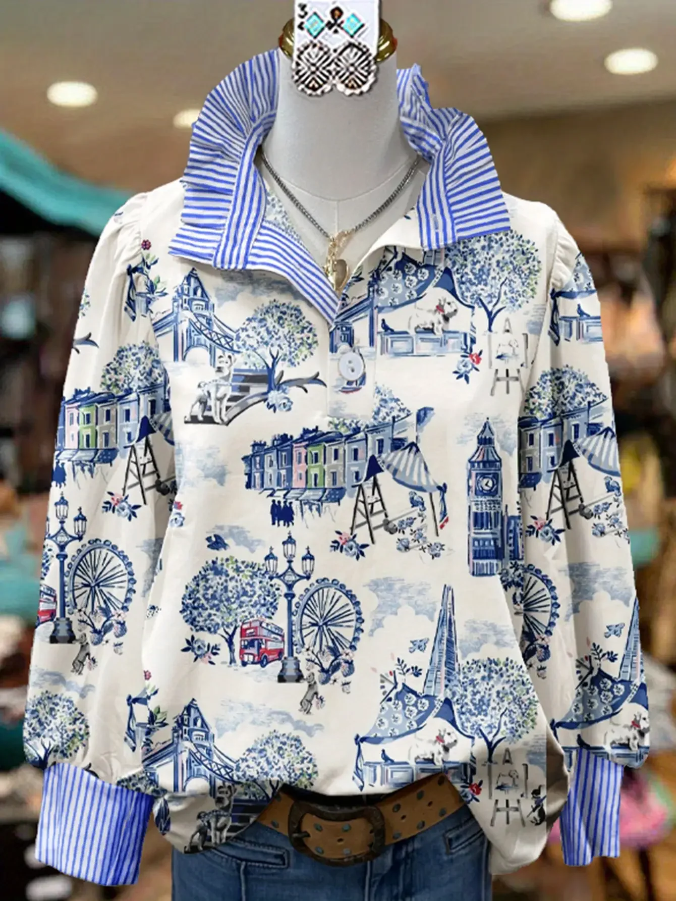 Spring and Autumn Winter Collection Women's Stand up Collar Long Sleeve Shirt,With collar and bohemian black lantern print