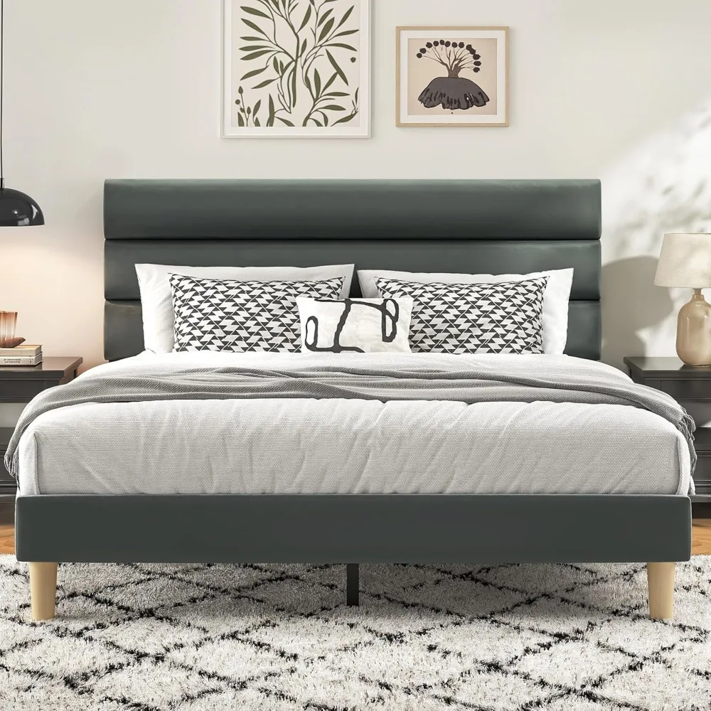 

Queen Bed Frame, Platform Bed Frame with Velvet Upholstered Headboard, No Box Spring Needed, Sturdy Metal Support, Noise Free, E