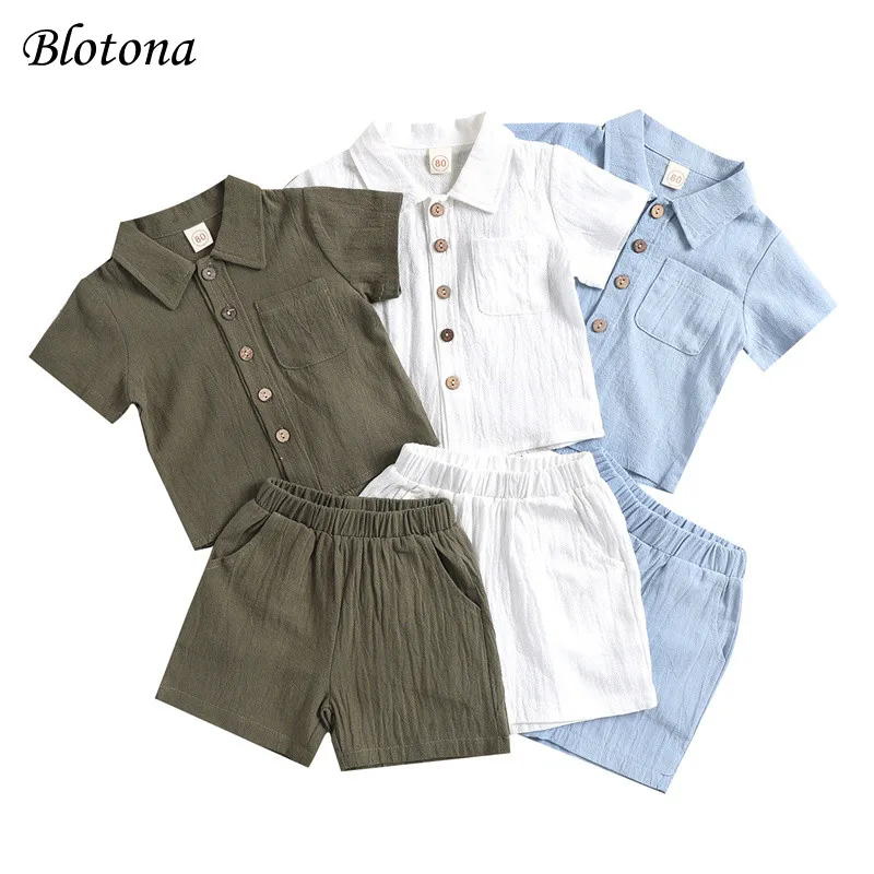 Blotona 2 sztuk Little Boys strój, Toddlers lato Solid Color Lapel z krótkim rękawem jednorzędowa koszula topy + wysokie do talii elastyczne szorty