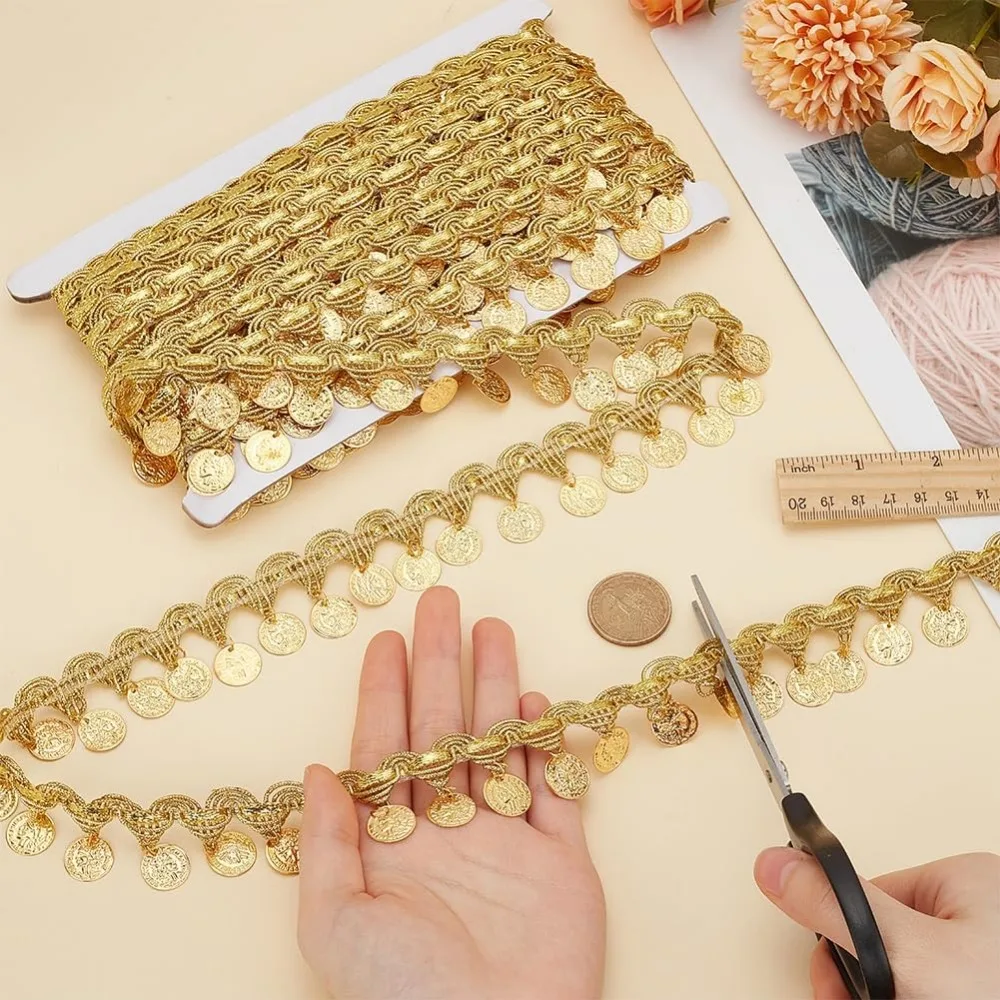 1Roll 10 Yards Gold Coin Shape Sequin Tassel Trim Sequins Lace Tassel Fringe Trim 1.6 Inchm Width Sequins Tassel Lace Ribbon