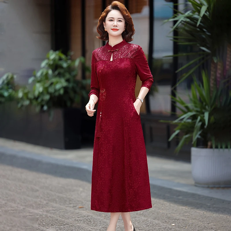 Elegant New Chinese Style Qipao Dress Mid-aged Women Spring and Autumn Fashionable  long sleeves Button Fit Maxi Dress